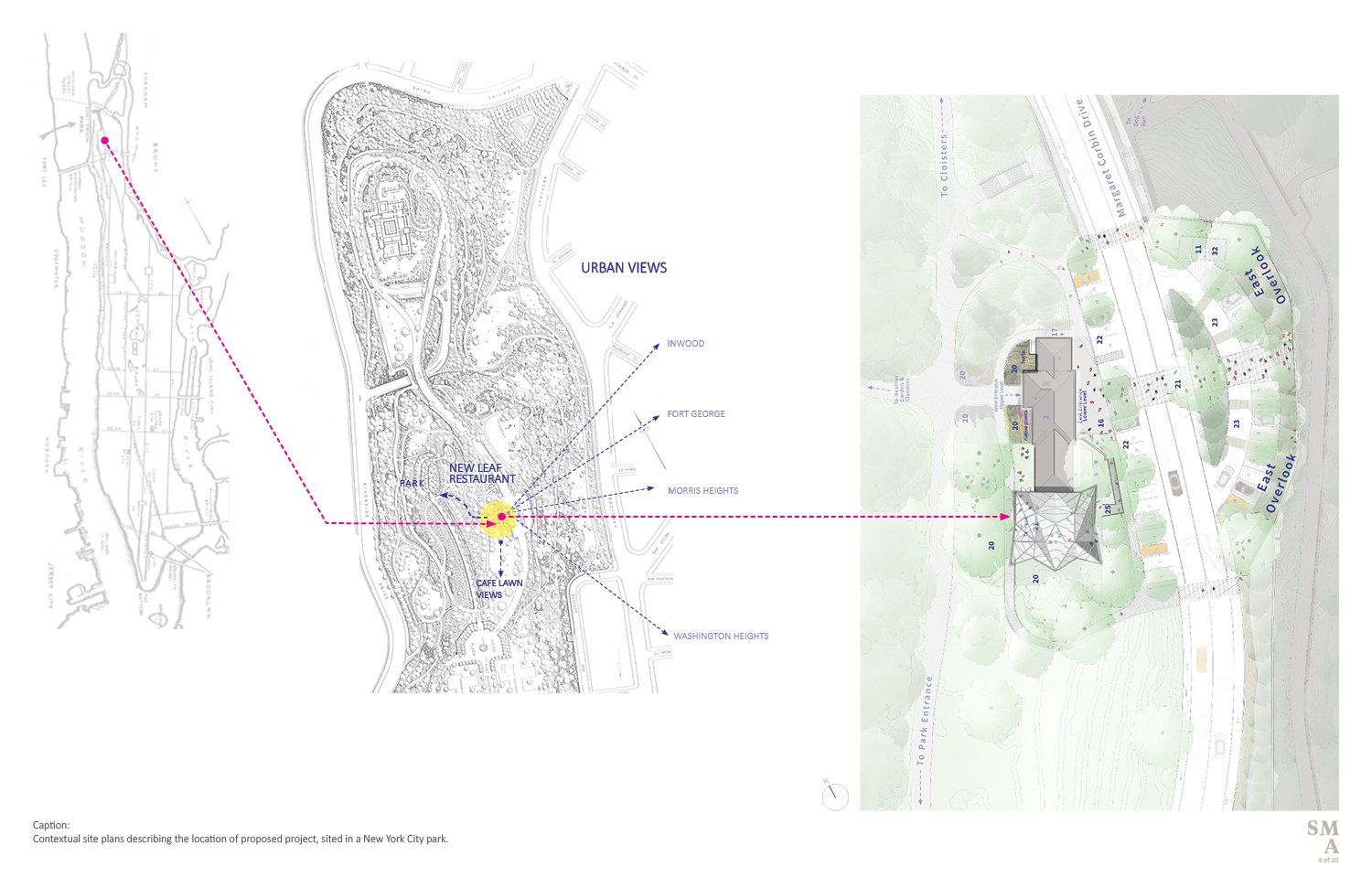Contextual site plans describing the location of proposed project, sited in a New York City park. | SMA | Stephen Moser Architect - Design Team