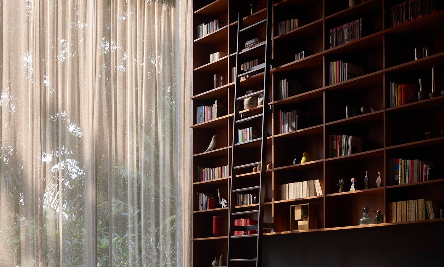 Double-height walnut wood bookcase | Joviam Lim