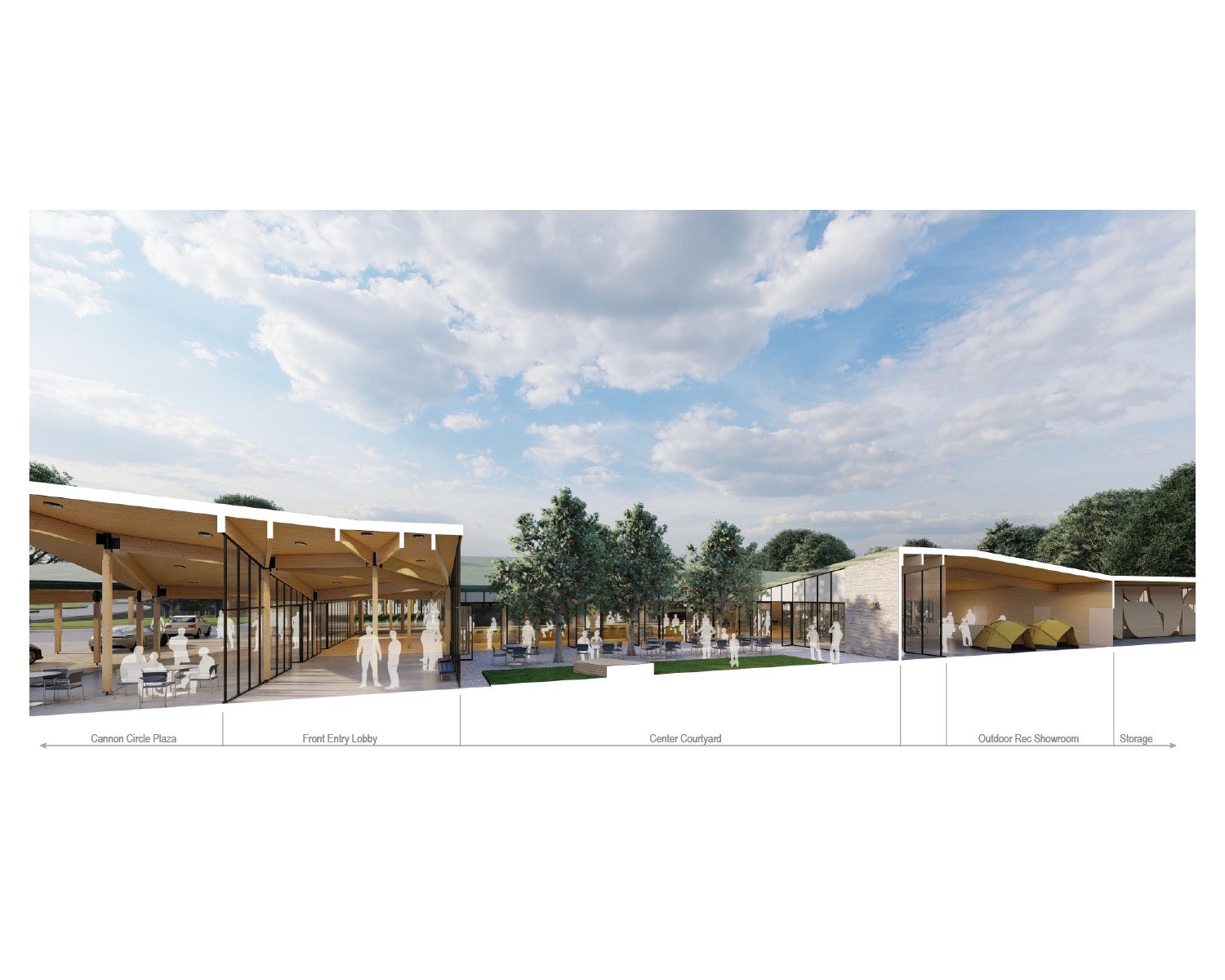 North-south section from west edge of public concourse and showing Outdoor Recreation Showroom | University of Arkansas Community Design Center