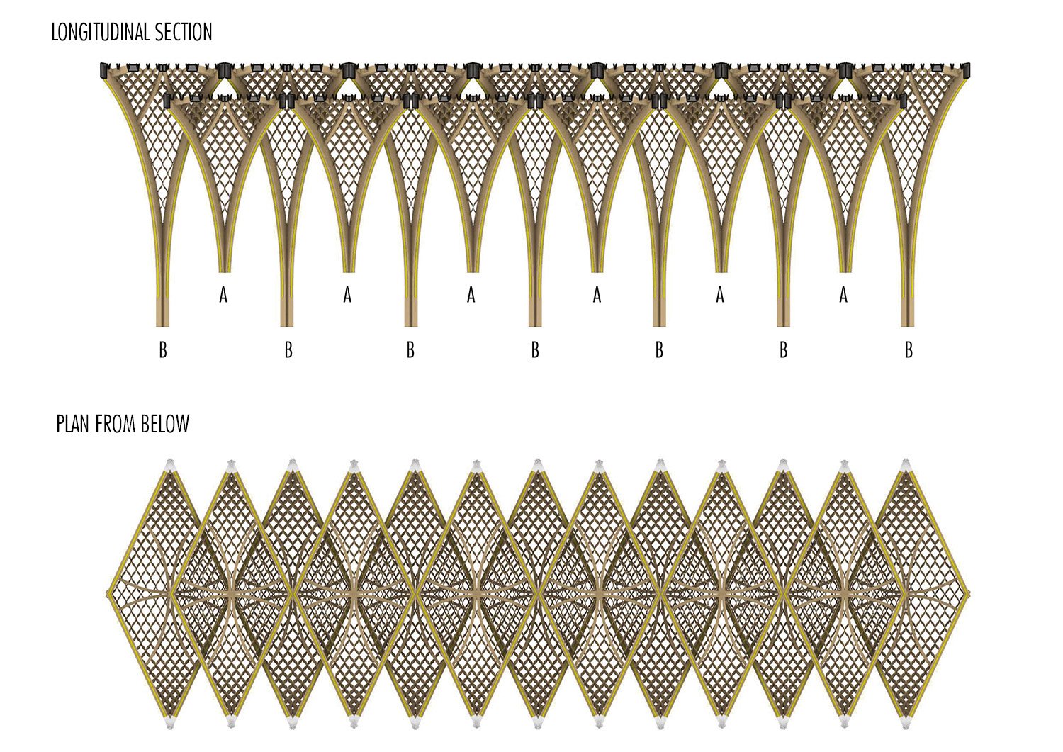 Plan and elevation of wooden structure | Courtesy of Laboratorio Architettura Semerano