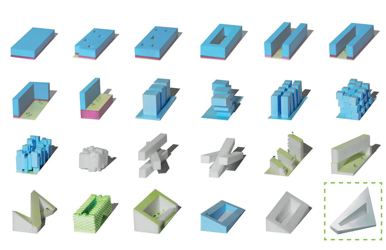 A series of study models explores potential building forms | 