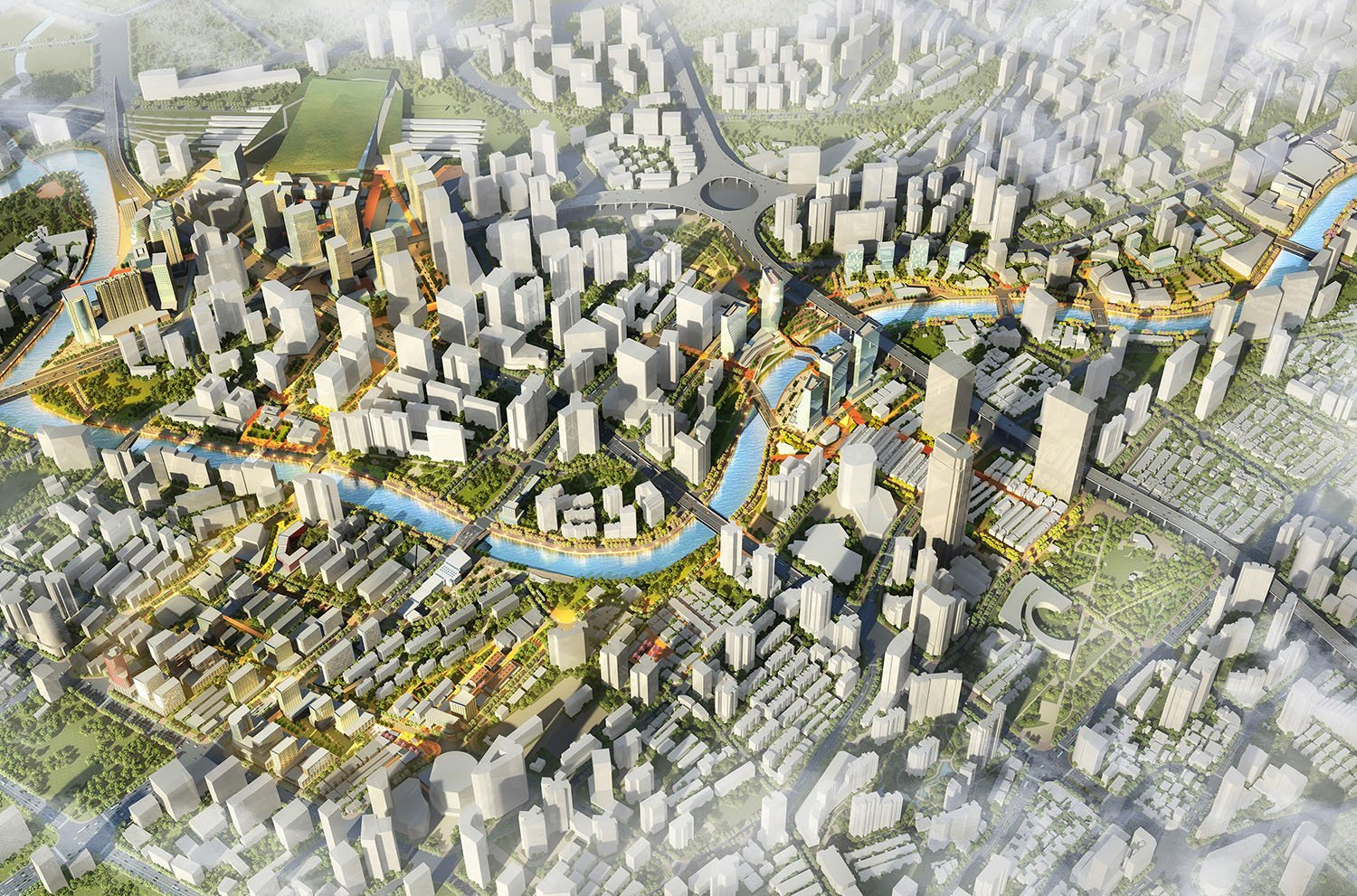 Shanghai’s Newest Waterfront: The meandering Suzhou Creek intertwines with a new undulating urban spine, delineating a series of urban and recreational nodes along the riverfront | 