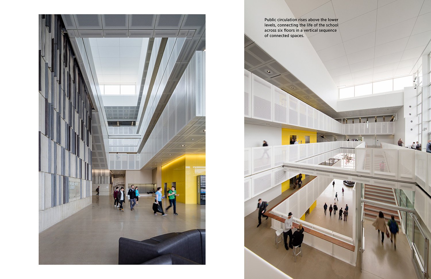 Public circulation rises above the lower levels, connecting the life of the school across six floors in a vertical sequence of connected spaces. | Tim Griffith
