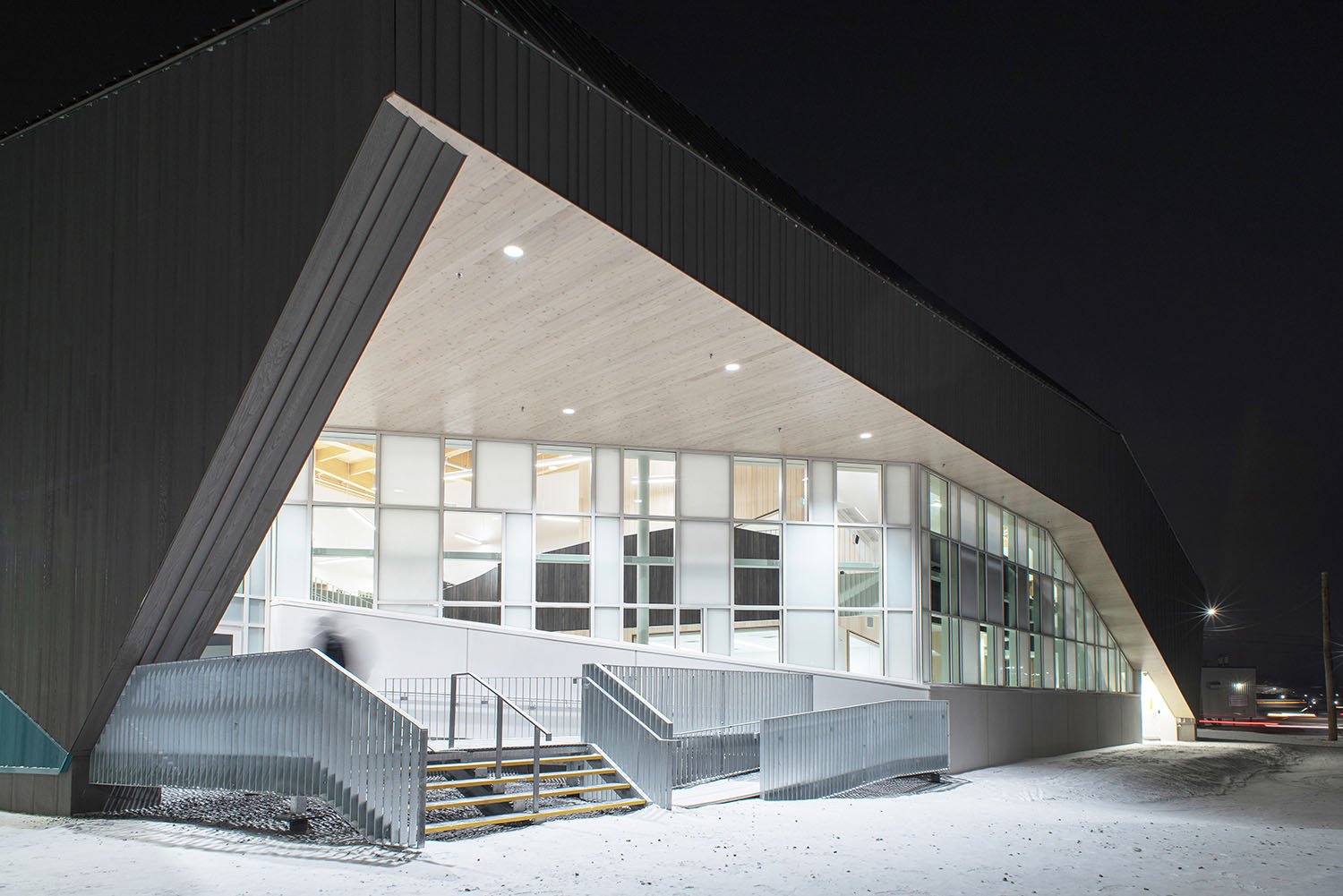 Night view of the new Nunavut Arctic College Expansion Entrance. | Julie Jira