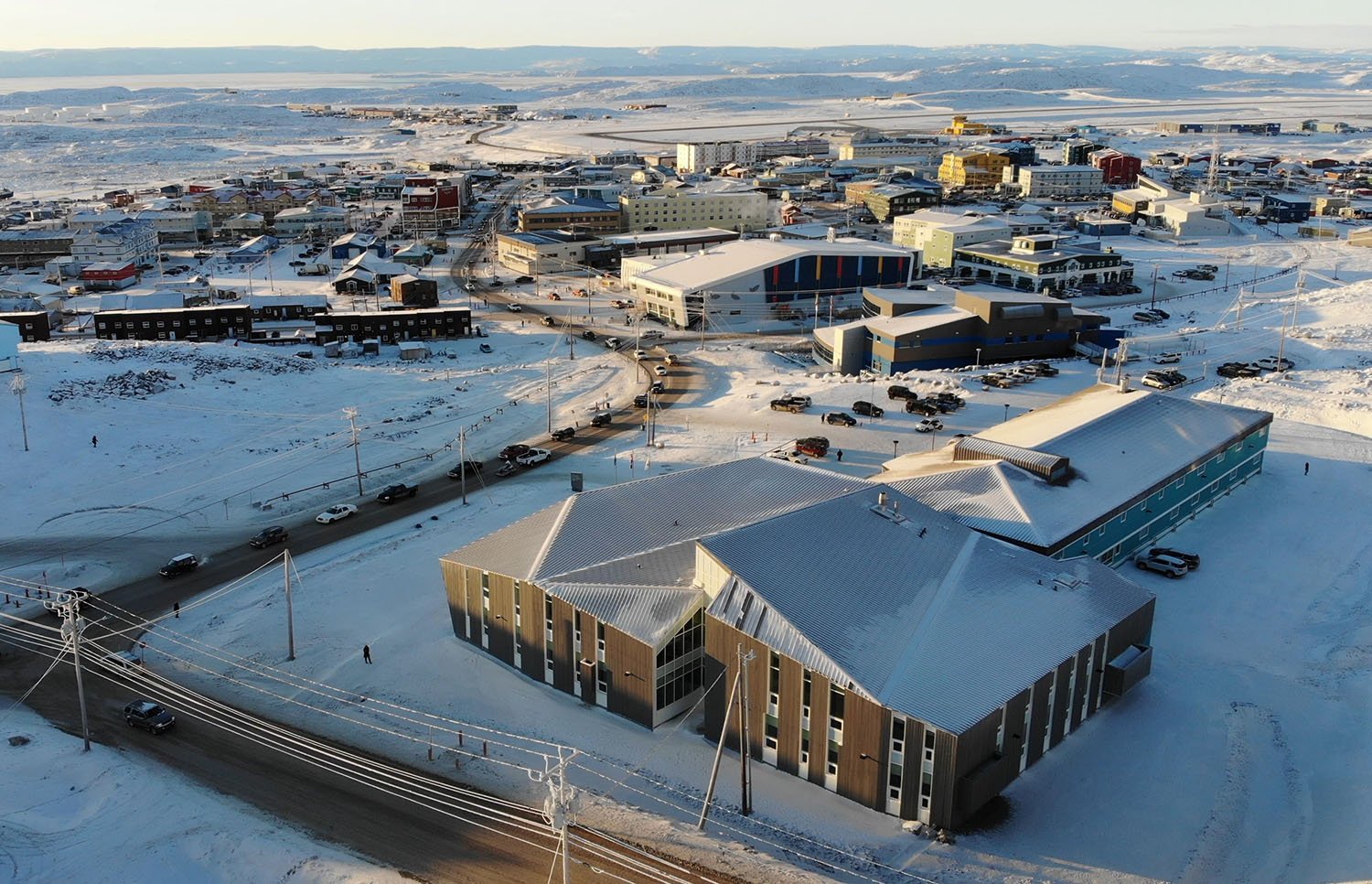 Aerial view of the Nunavut Arctic College Expansion in the context of the City of Iqaluit. | Julie Jira