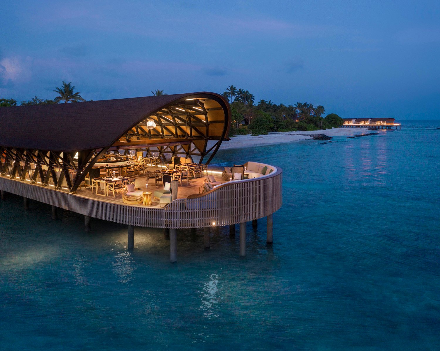 'The pearl' restaurant exterior at night | The Westin Maldives