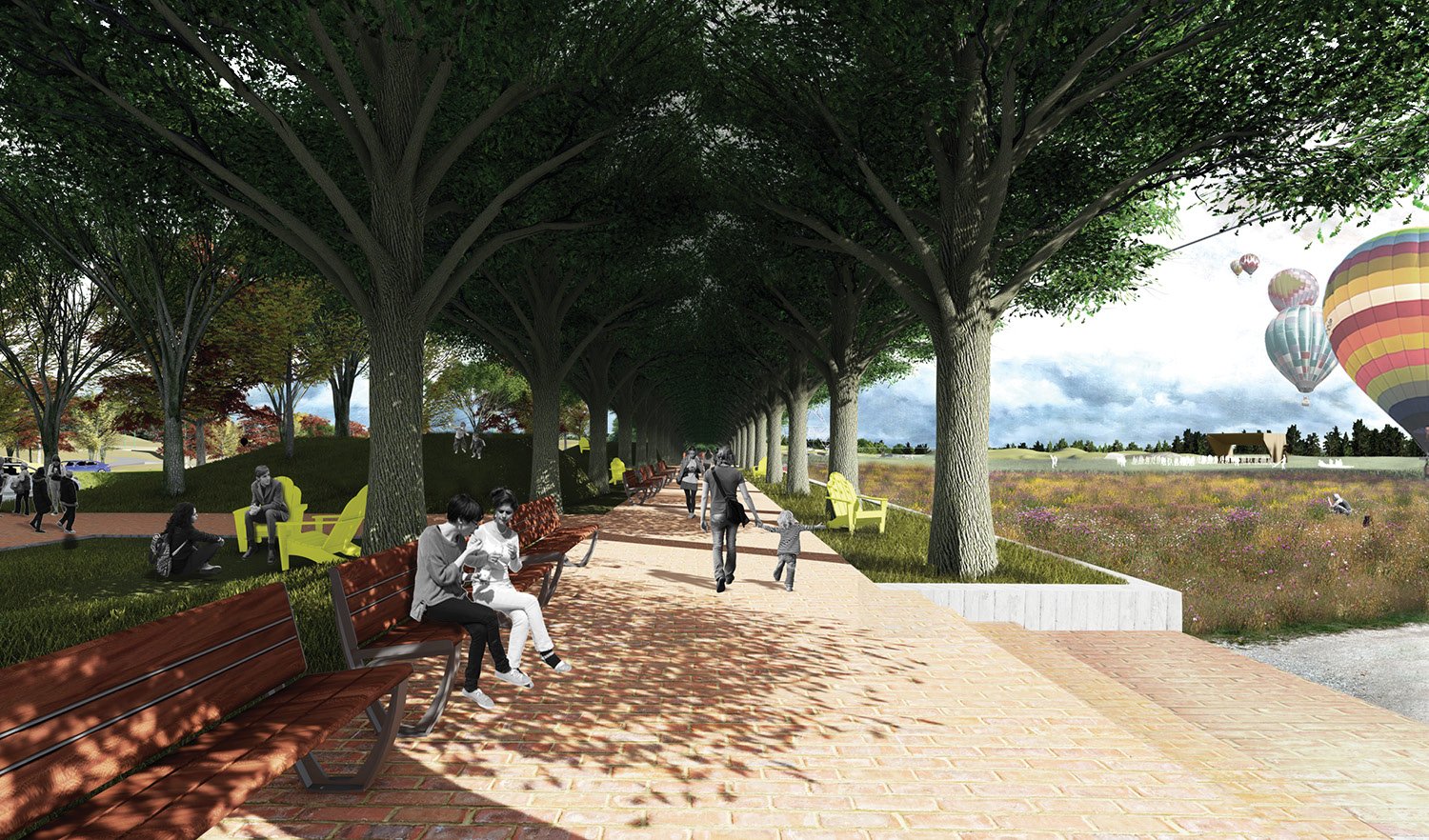 The tree-lined Concourse on the ridge connects Parking Rooms with the Upper Meadow, directing visitors to the Ravine Promenade beyond. | University of Arkansas Community Design Center
