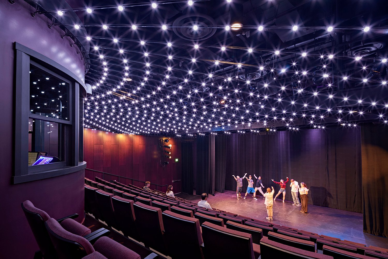 New 177-seat theater includes individually addressable color changing light nodes with video mapping capability to transform the house lighting into a cutting edge theatrical lighting element | Robert Benson