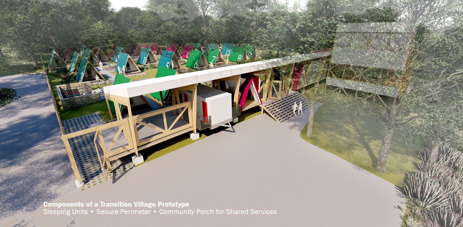 Components of a Transition Village Prototype: Sleeping Units - Secure Perimeter - Community Porch for Shared Services | University of Arkansas Community Design Center
