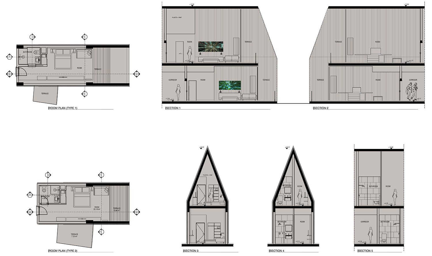 Voronet Lila Hotel typical room plans and sections | Yazgan Design Architecture