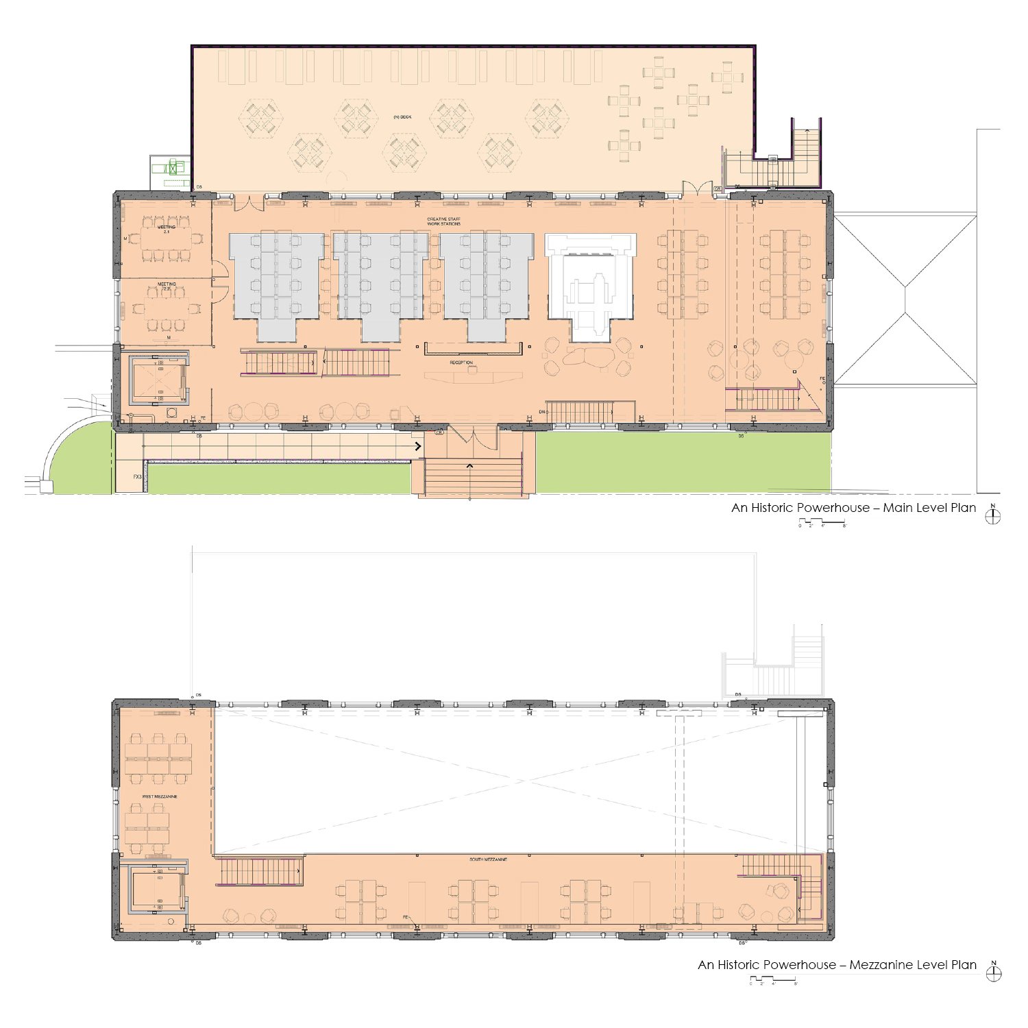 Floorplans of the main level and mezzanine level. | Marcy Wong Donn Logan Architects
