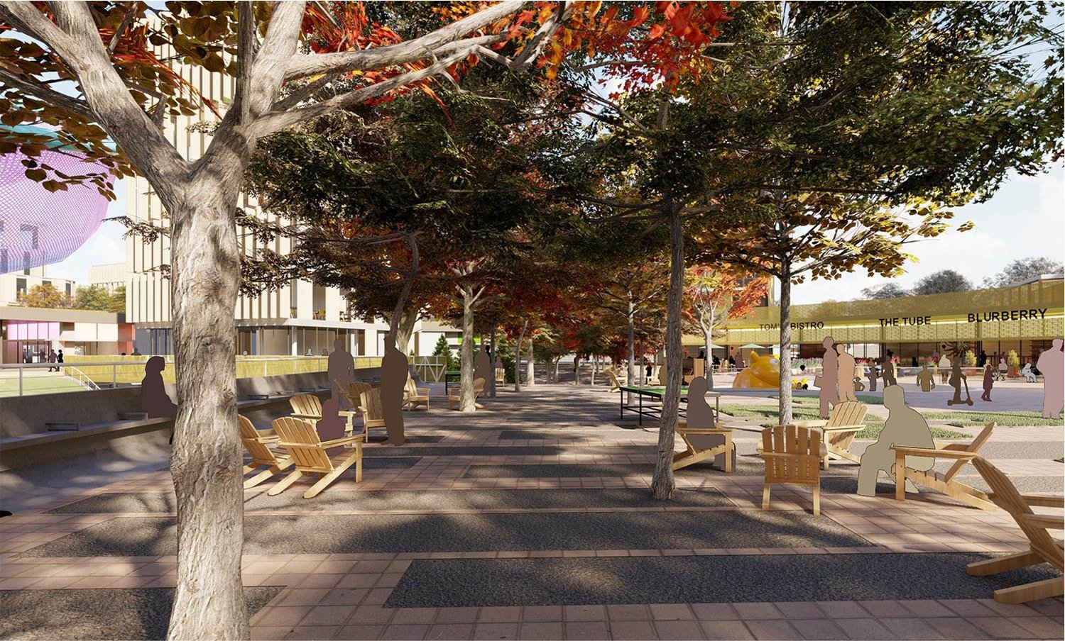 Looking east in the Allee, which connects to shopping arcade, a mix of nature and urbanism. | University of Arkansas Community Design Center