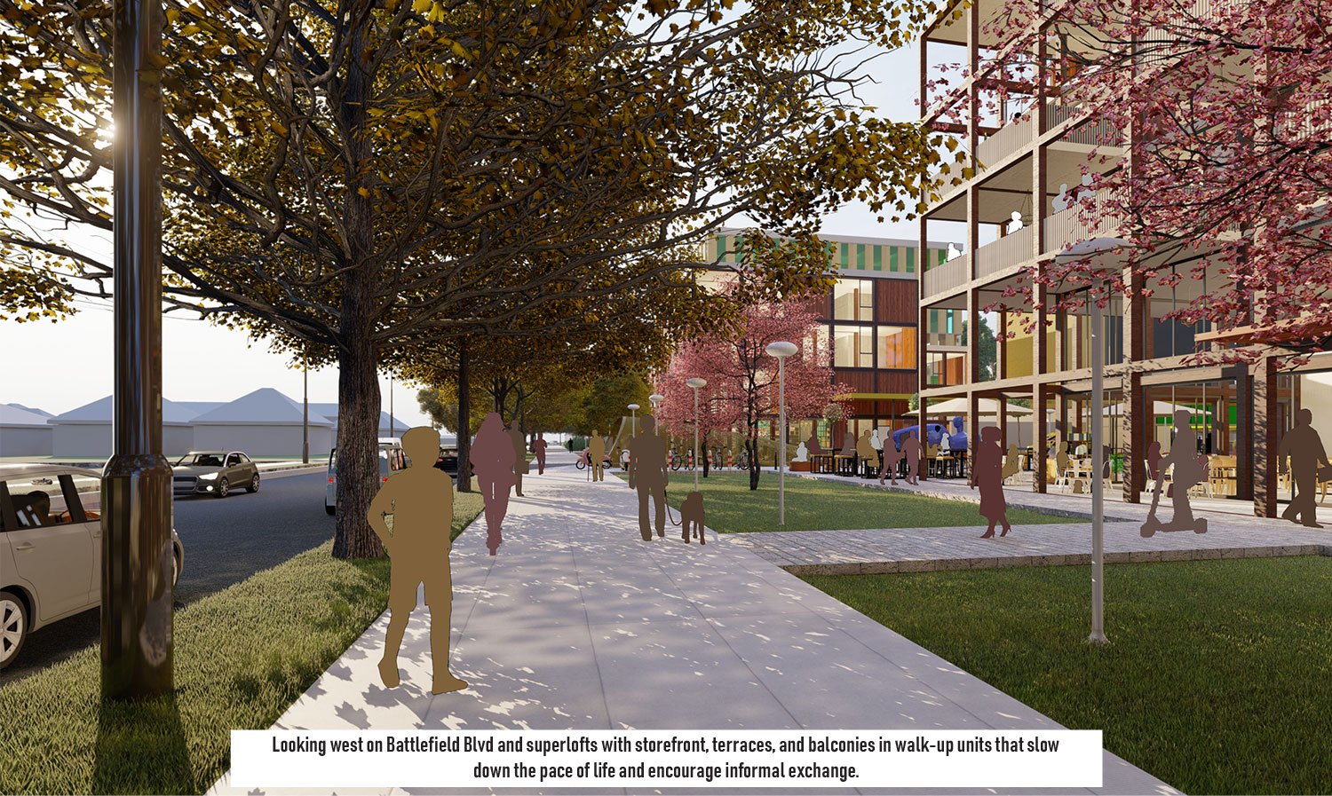 The street edge features generous sidewalks and a dynamic streetscape. | University of Arkansas Community Design Center