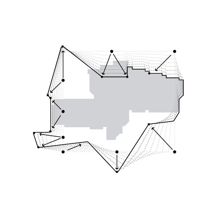 Conceptual diagram - Project's form adjusting to the site's main elements | Chevalier Morales