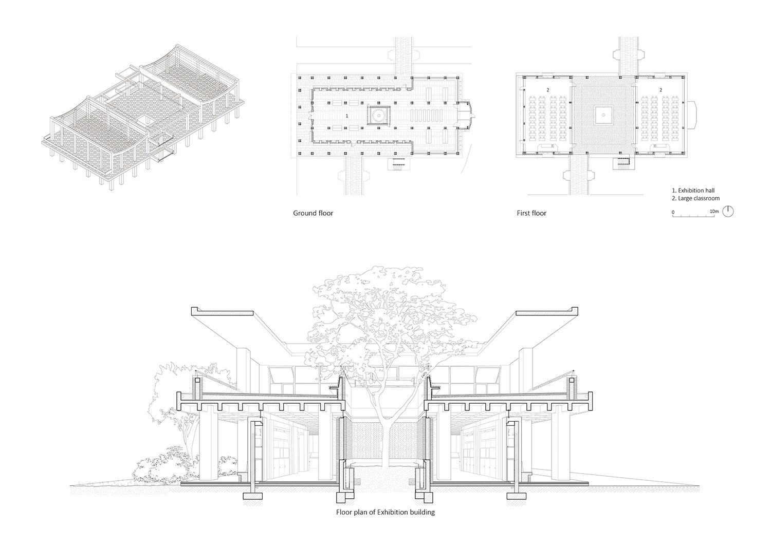 Exhibition building_structural diagram_floor plan_sectional perspective | genarchitects