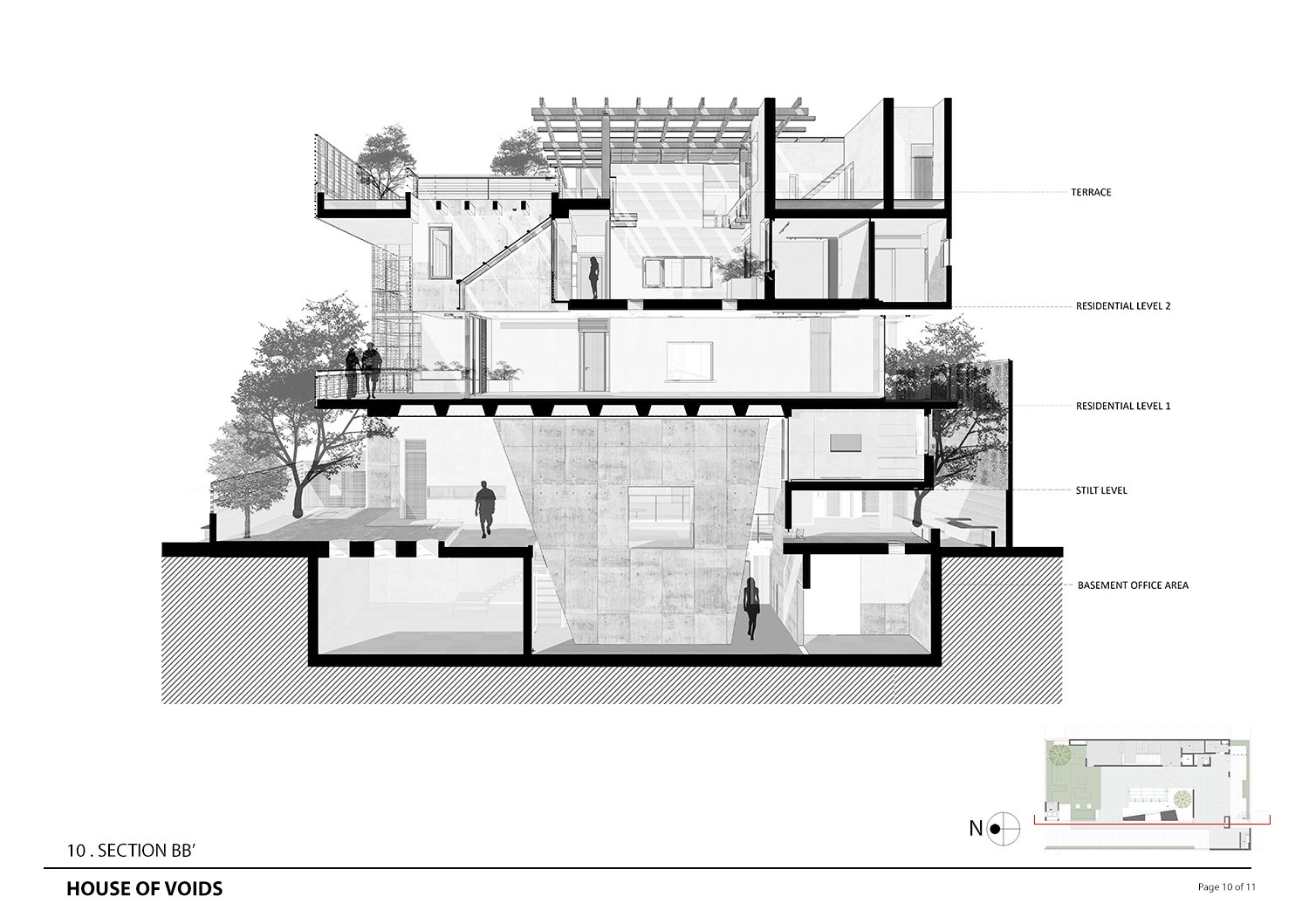Longitudinal section showing the structural pylon and various terraces | Malik Architecture