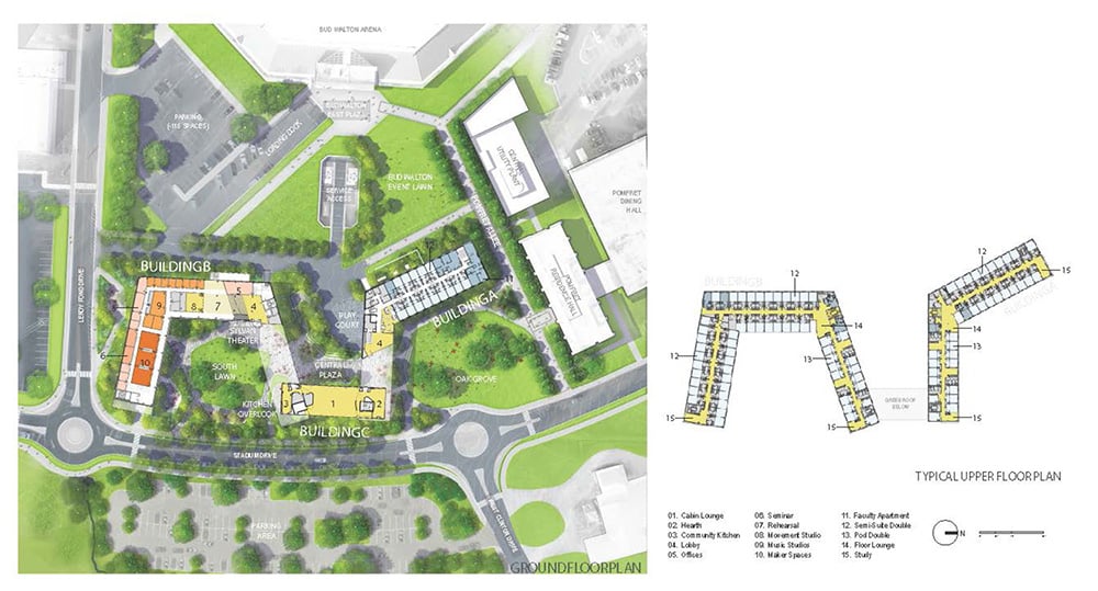 Adohi Hall’s typical room modules were developed to allow for cost-effective layout of modular CLT panels and glulam framework, while ground floor public spaces are encouraged to open out into the surround | LWA