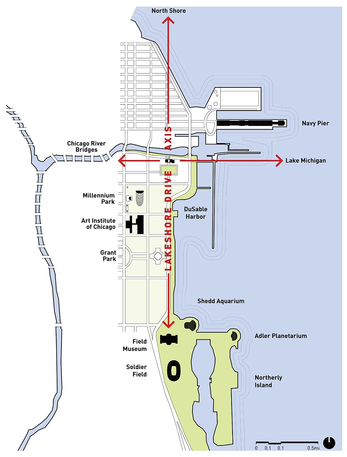 Diagram showing the site’s urban axes in plan. | © Studio Gang