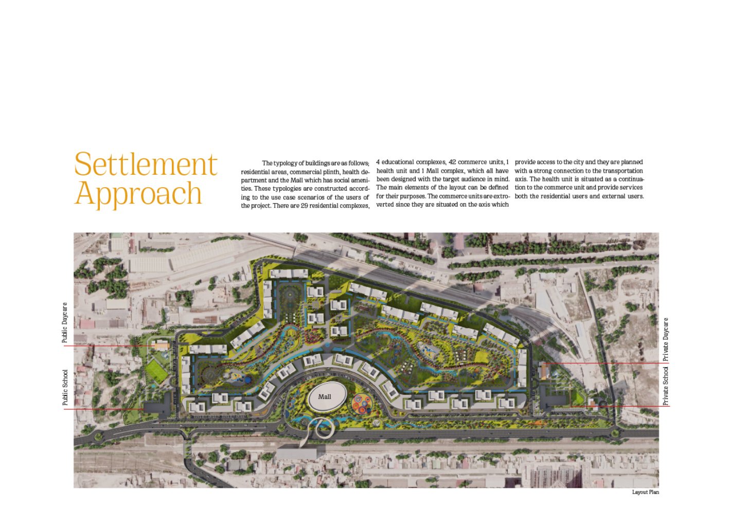 SETTLEMENT APPROACH | The typology of buildings are as follows; residential areas, commercial plinth, health department and the Mall.