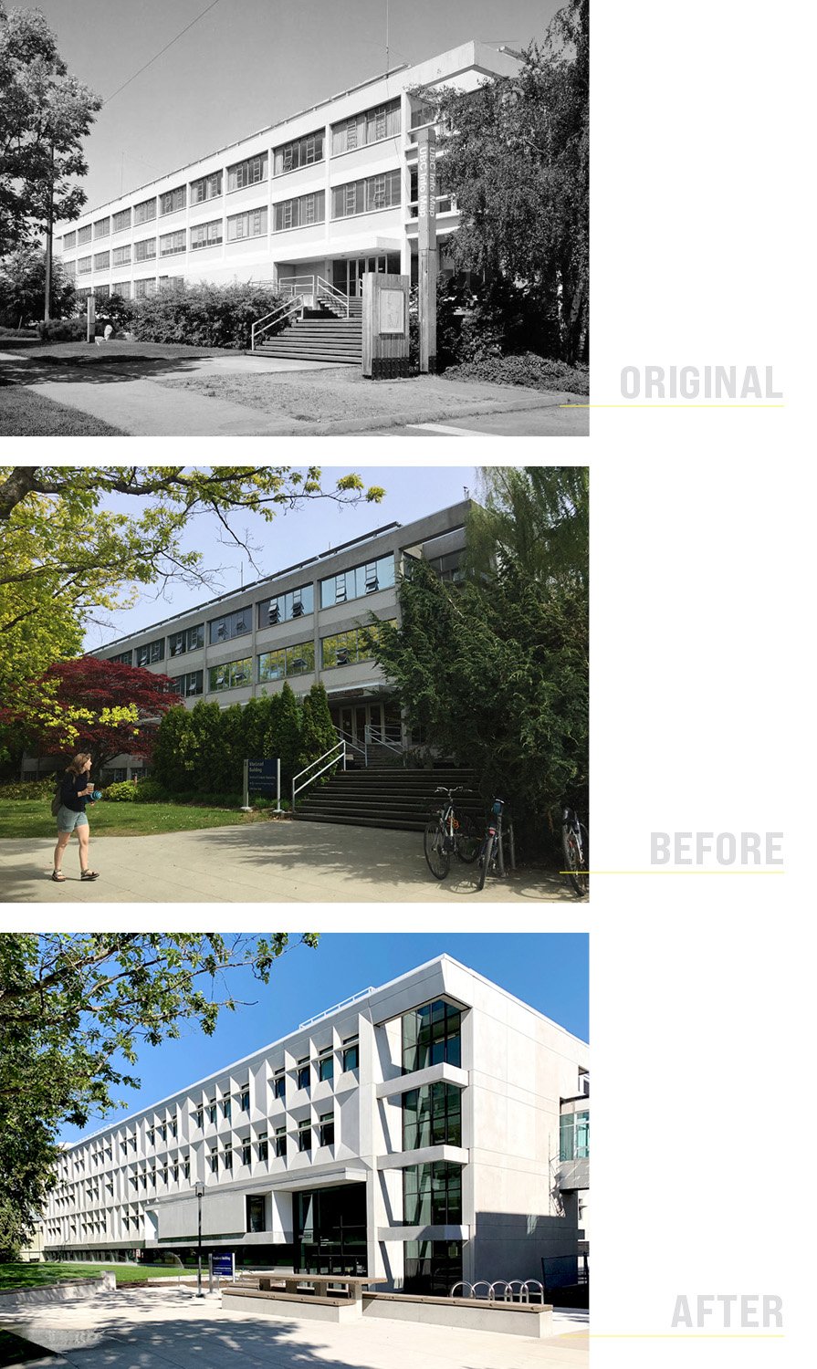 Before and After: The existing building featured an inaccessible, hidden main entrance raised nearly a storey above grade. A relocated, highly visible entry tied to a gently sloped access path, with outdoor seating and generous transparency creates a new | Teeple Architects