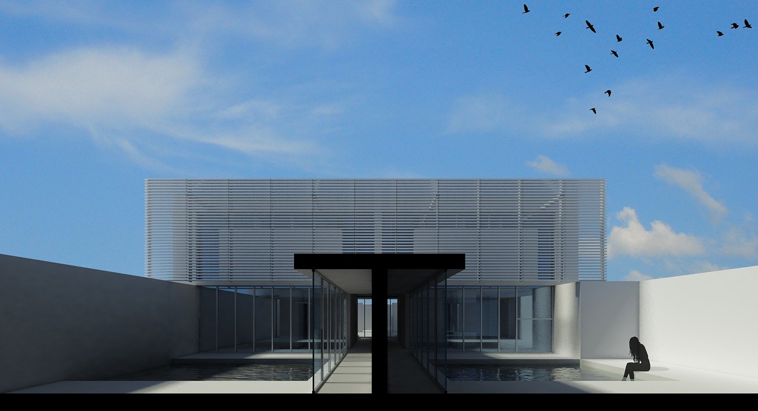 A glazed corridor connects the living area with the bedrooms, crossing and embracing the courtyard equipped with a small swimming pool_daytime | studio NextBuild