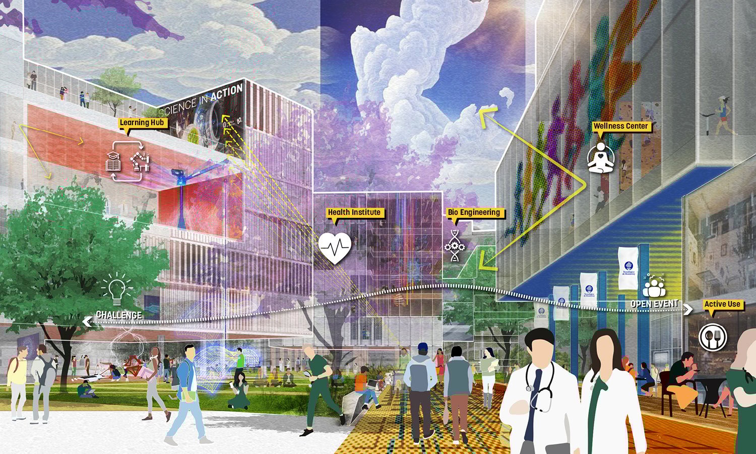 The new campus gateway is framed by the Medical School and Wellness Hub. The hub includes a community clinic where medical students provide services and workshops for free to surrounding neighborhoods, helping advance the Tec’s social agenda. | Sasaki