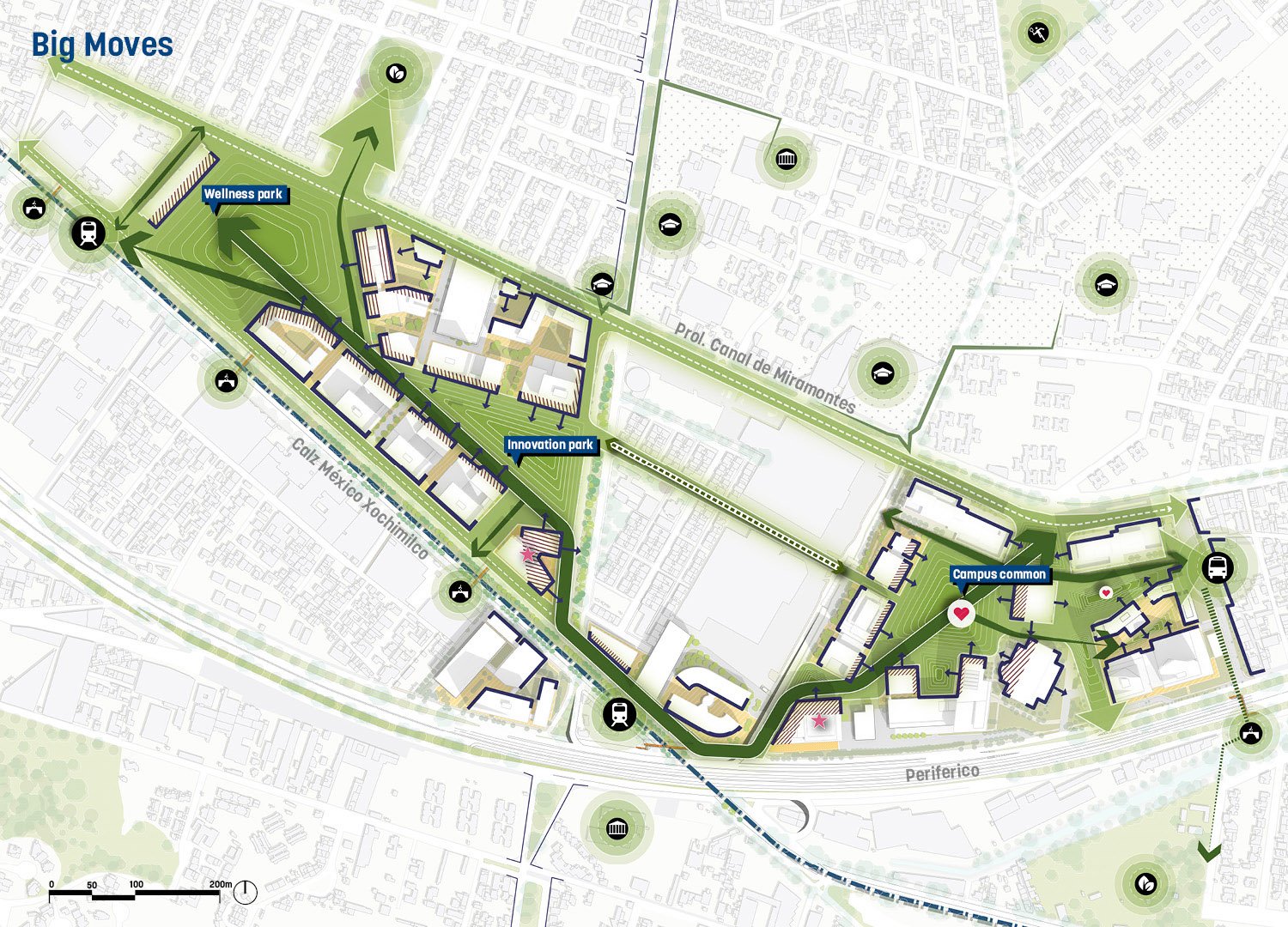The plan establishes an interconnected landscape network that connects all the Tec landholdings through a park-like spine, tying together the academic core, a new mixed-use innovation district and the university’s outdoor recreation fields. | Sasaki