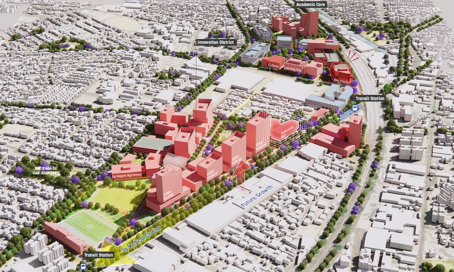 The framework leverages connections to the subway and surrounding neighborhoods, with a range of uses that include housing, a high-school, community facilities, an innovation hub and spaces for allied industries to be located in close proximity to the Tec | Sasaki