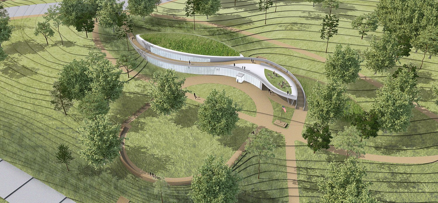 Aerial view above museum illustrating integration of pedestrian pathways and landscape | ikon.5 architects