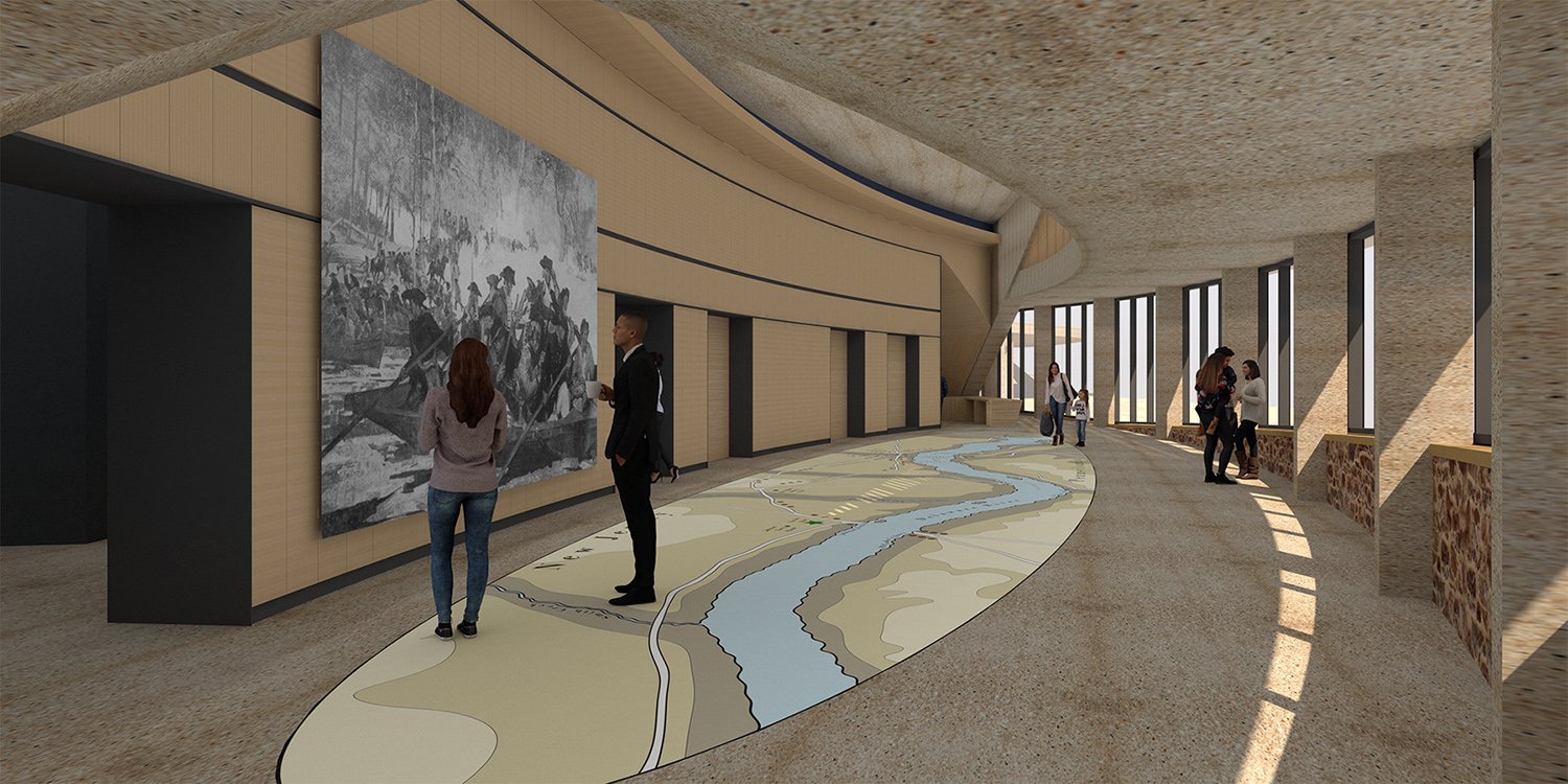 Interior view of Flex Gallery looking at historic mural | ikon.5 architects