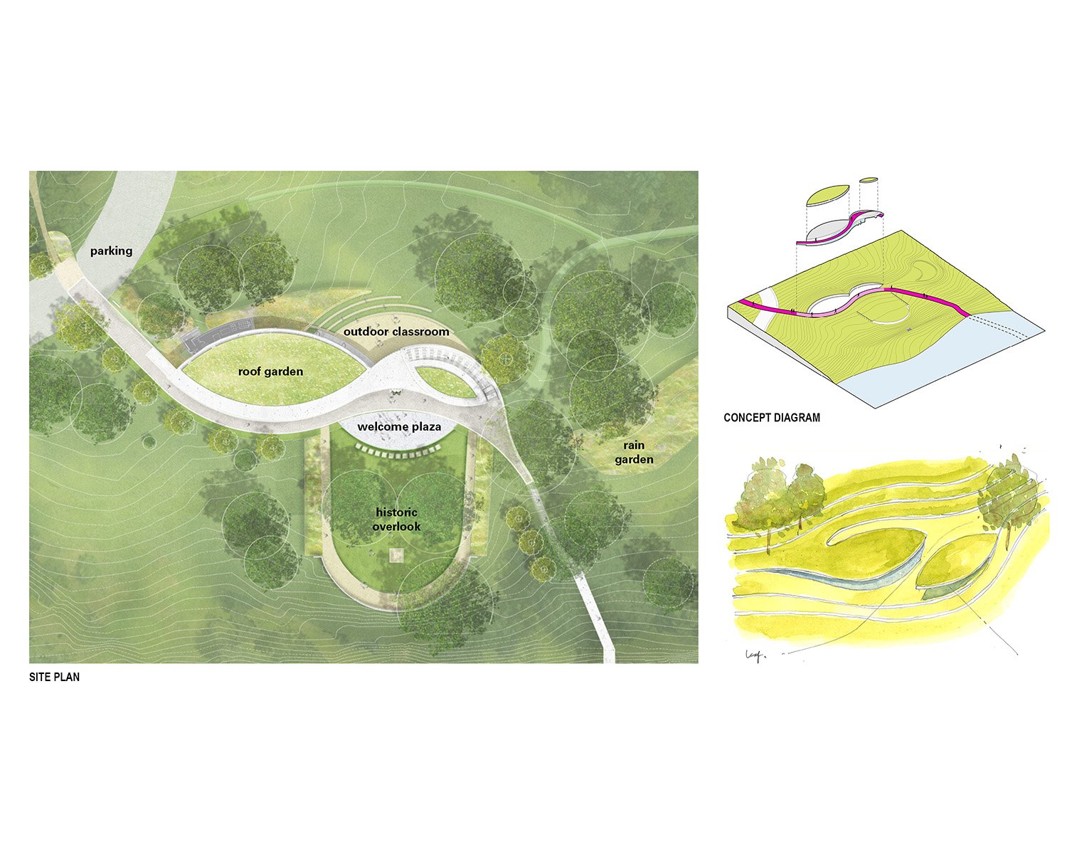 Concept illustrating building integrated into the existing landscape and pathways | ikon.5 architects