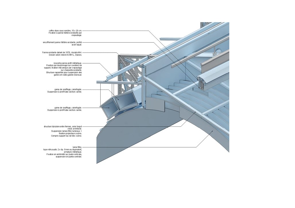 Axonometric cross section, detail, Davioud Gallery | h2o architectes