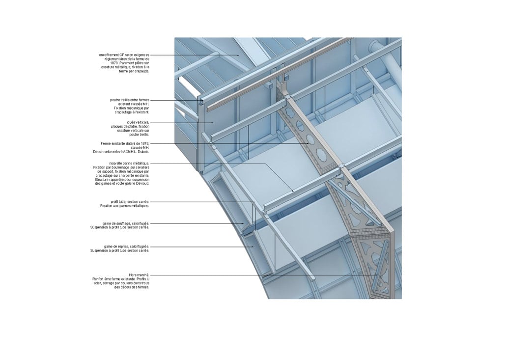 Axonometric cross section, detail, Davioud Gallery | h2o architectes