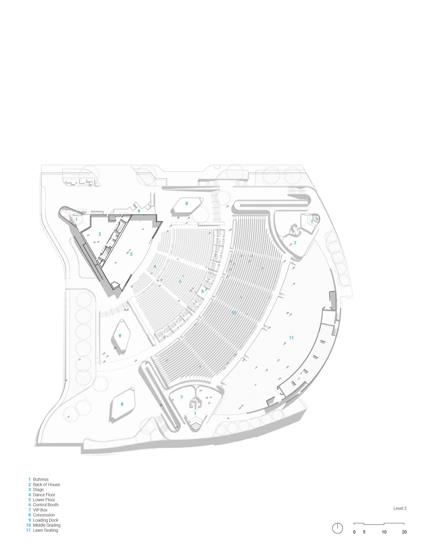 PNE Amphitheatre level 2 plan showing back of house and front of house program areas including various seating areas and guest amenities. | Revery Architecture