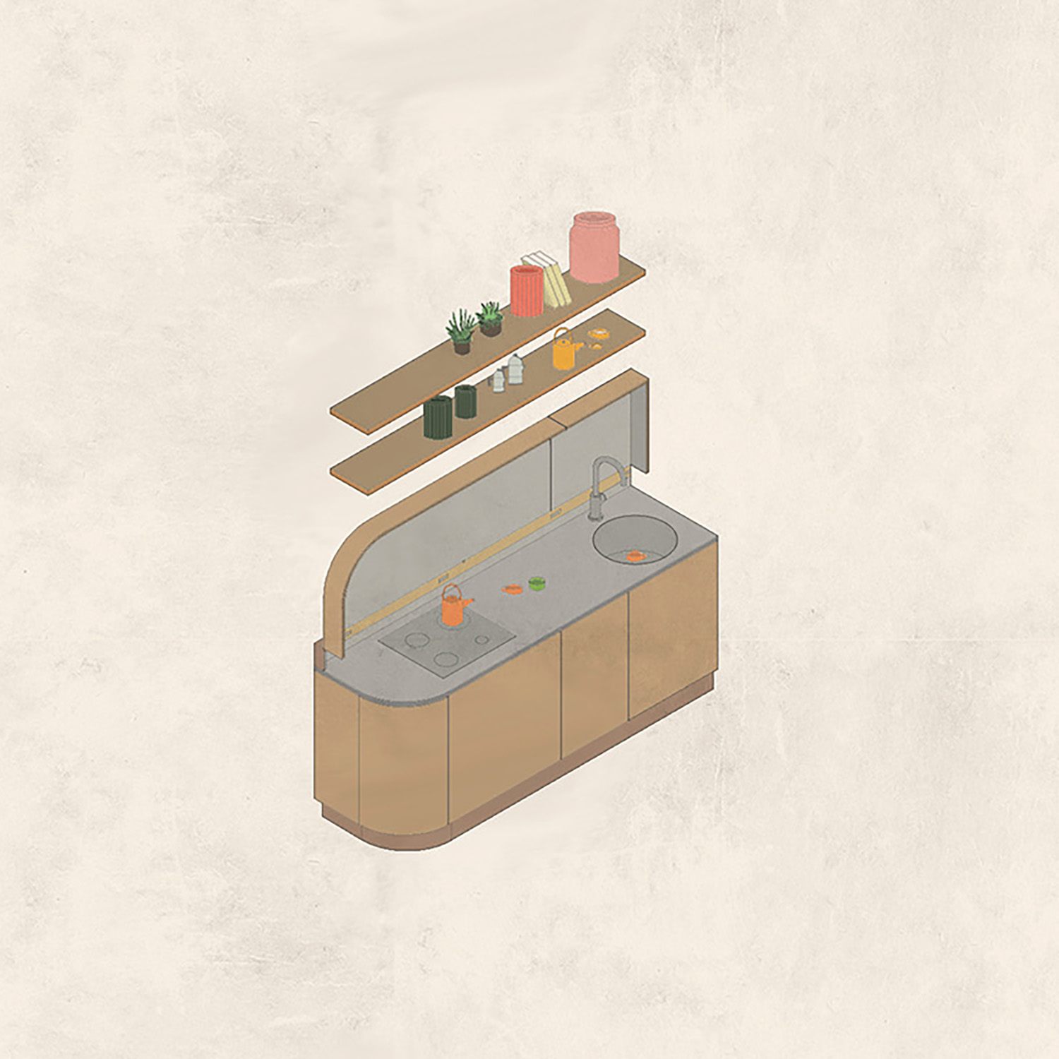 Axonometry view of the open kitchen | ATOMAA