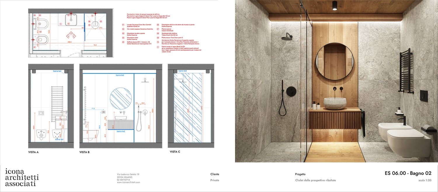 Executive and render guest bathroom | Courtesy of Icona Architetti Associati