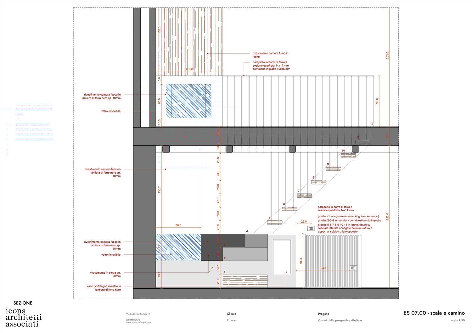 Staircase and fireplace executive elevation | Courtesy of Icona Architetti Associati
