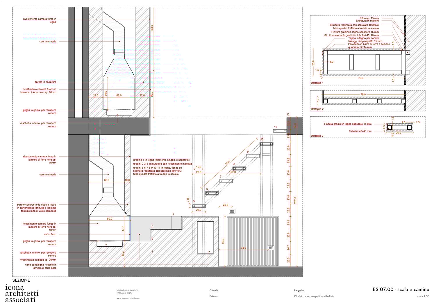 Staircase and fireplace executive section | Courtesy of Icona Architetti Associati