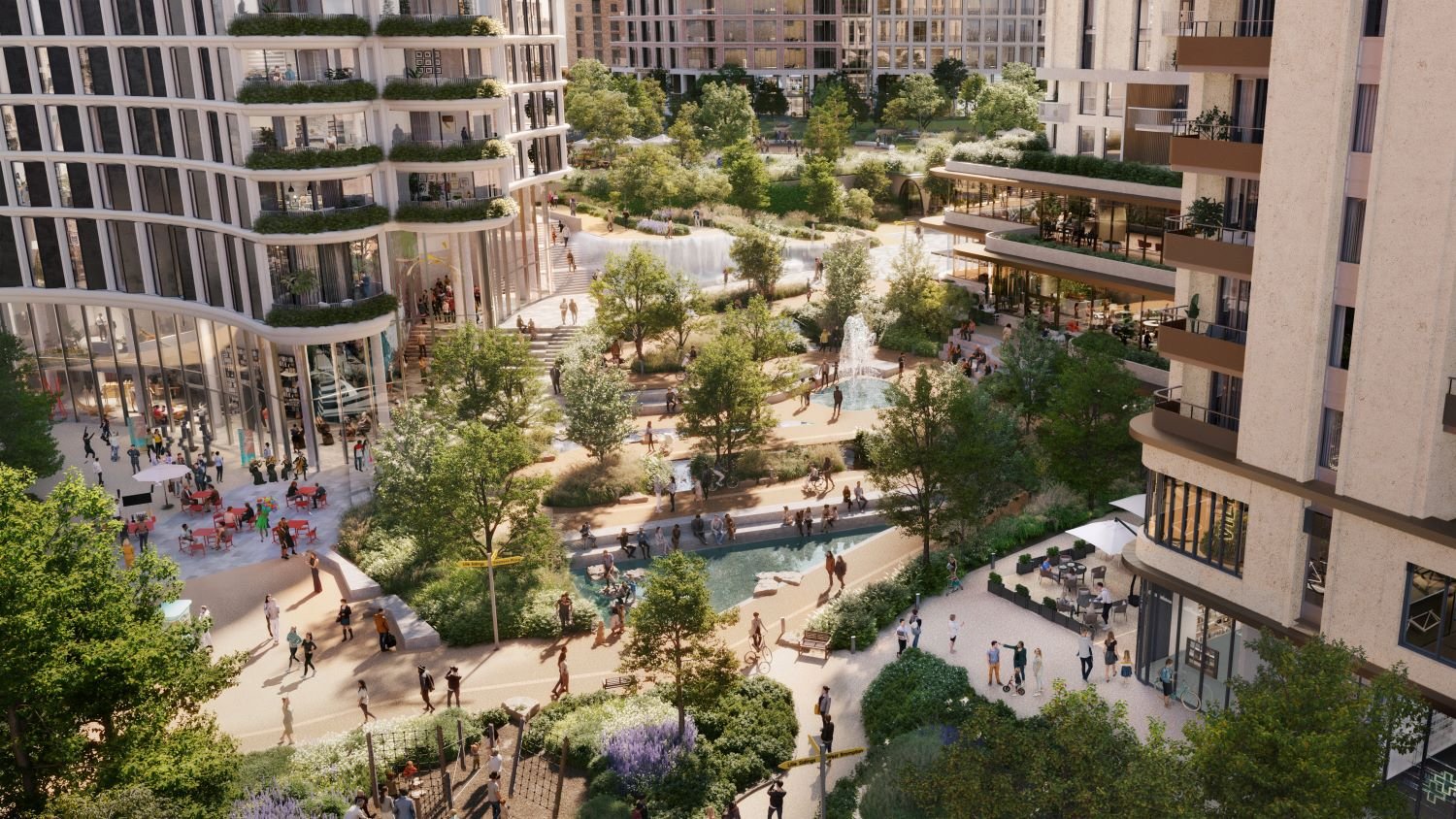 The Cascades, a series of water focussed terraces have been introduced to navigate the sites 8 metre level change over an existing railway line; integrating cycle routes, accessible ramps, lift access and a variety of stepped routes. | Earls Court Development Company