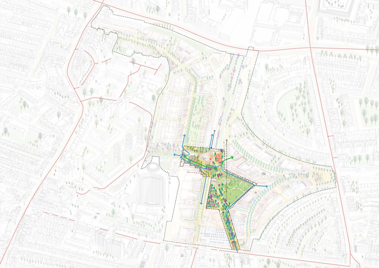 Illustrative cutaway of the The Table urban park | Earls Court Development Company