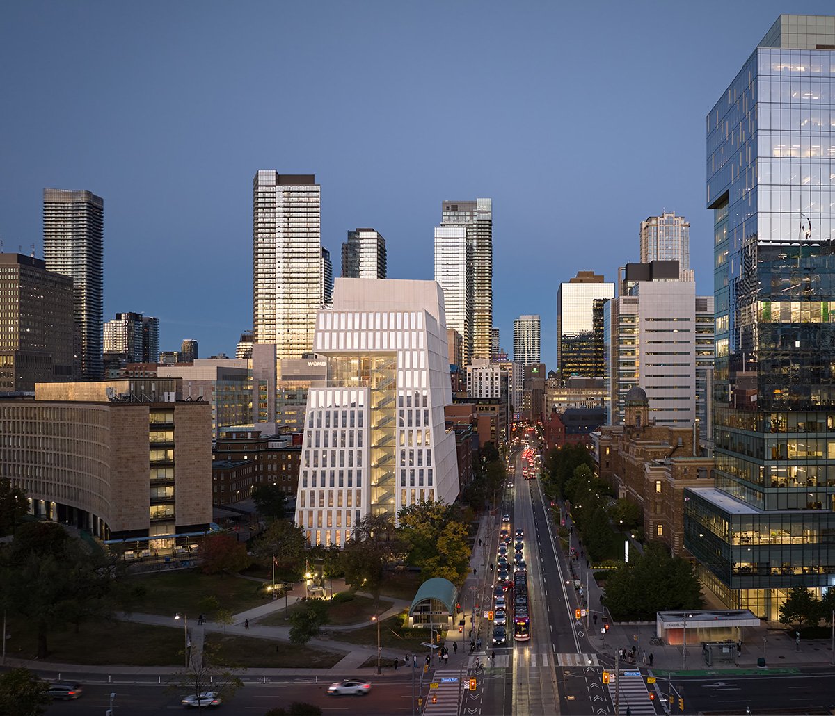 View of Schwartz Reisman Innovation Center looking East up College Street | Younes Bounhar