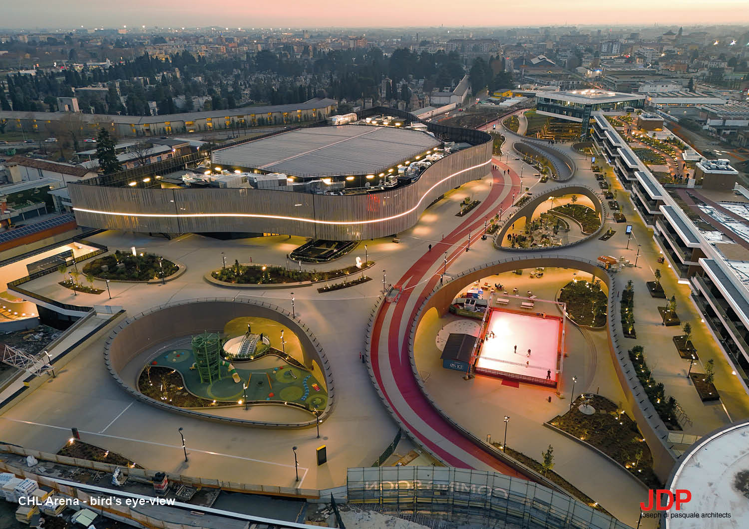 A bird's-eye view of the entire ChorusLife district, with a special focus on its central core: the Sports Arena and the arches that reveal the lower level of the gallery | Omar Hadi (Omaritoh)