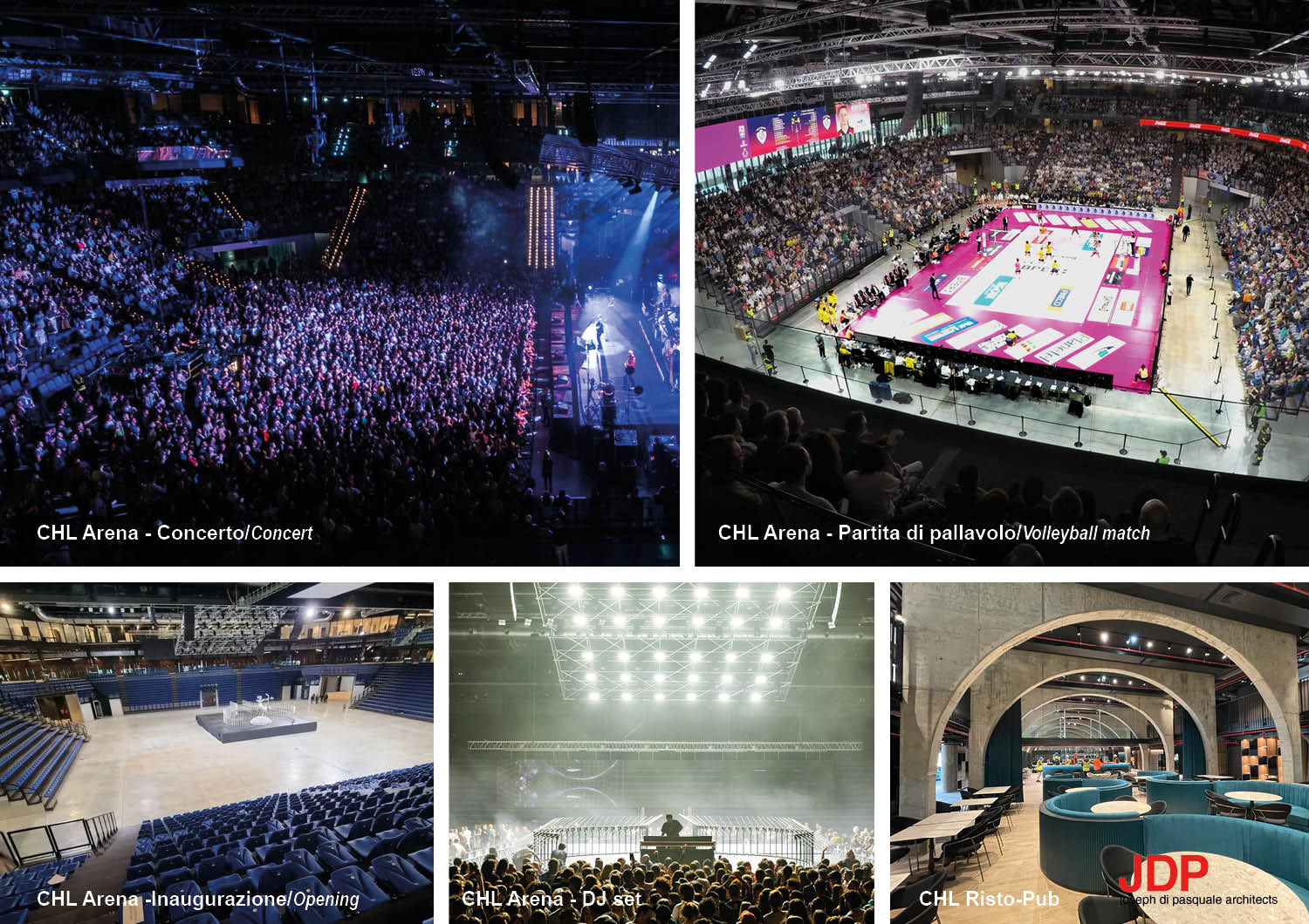 Interior views, focusing especially on the Arena and its adaptability to different events: it features a symmetrical seating arrangement for sports events and an asymmetrical layout for concerts and shows. | JDParchitects