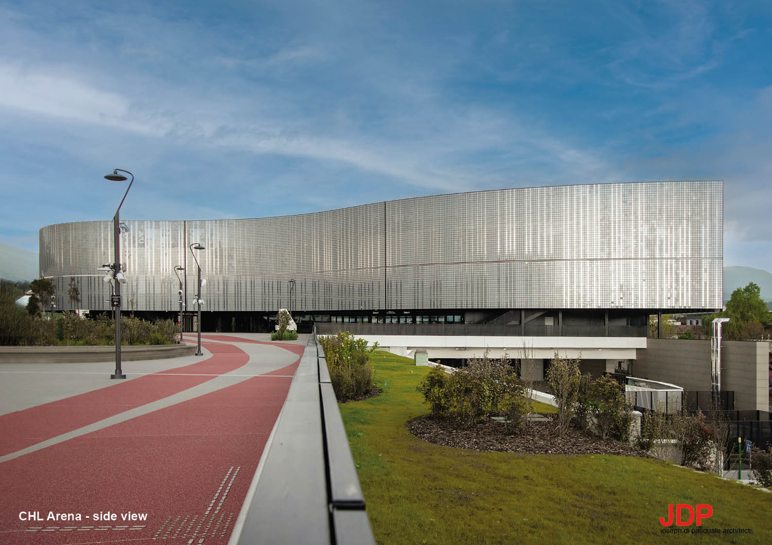 Side view of the Arena, the core of the entire project, featuring a ventilated façade designed and patented by the JDArchitects team | JDParchitects