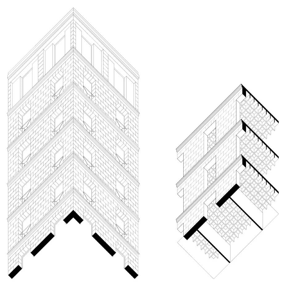 The 200 Logements of Aix-en-Provence, Choisy’s worm-eye view showing the Pouillon’s bays of the 200 Logements. Drawings by courtesy of © the Author.