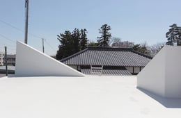 The fiber reinforced plastic roof in contrast with a traditional house | 