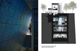 The form of the central chamber is folded around the crisscrossing escalators. | Kevin Scott (photo); LMN Architects (diagram)