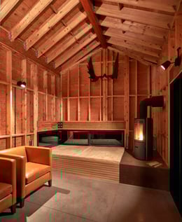 The rustic shed with plinth/hearth functions as a retreat for the client’s children | doublespace photography inc