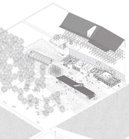 The complex arrays parking gardens in an orchard, garage/shop, greenhouses, and training loft. | University of Arkansas Community Design Center