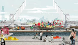 TRANSITIONING INDUSTRY TO CULTURAL EXPRESSION: Former port infrastructure including loading ramps, gangways, and platforms provide access to floating stages for outdoor art exhibits and performances. | SASAKI